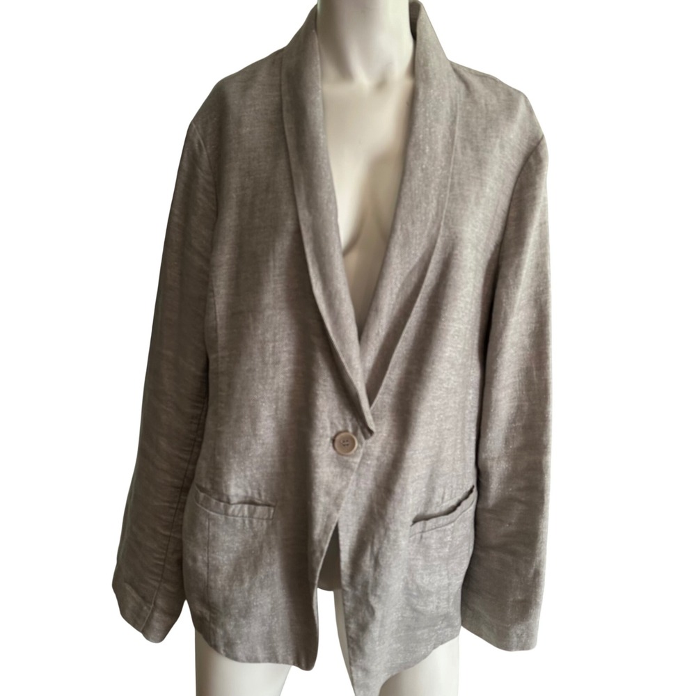 Eileen Fisher Metallic Linen Blend Shawl Collar Single Button Blazer Taupe L